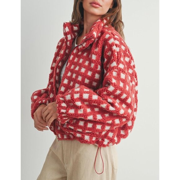 Women Red Cropped Sherpa Fleece Plaid Jacket Chunky Outerwear - Picture 4 of 6